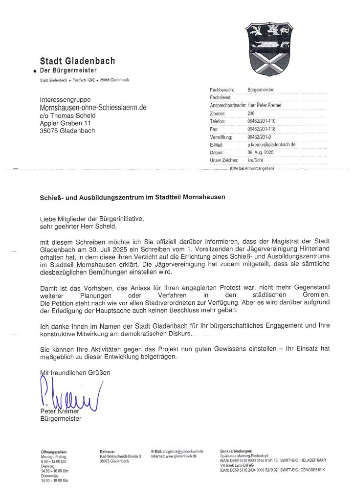 Schreiben des Bürgermeisters an die Interessengruppe Mornshausen-ohne- Schiesslaerm.de
